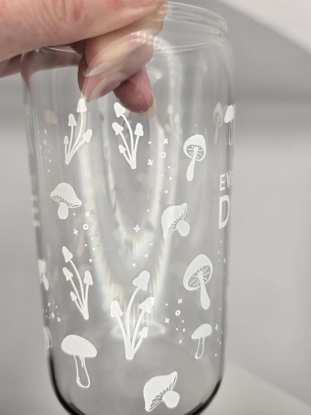 Everyday Dose Ice Coffee Glass Cup w Mushrooms Design - New in Box